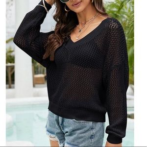 Women Loose Knitted Sweater Hollow Out Holes V Neck Long Sleeved Sweater